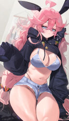 Rule 34 | 1girl, :&lt;, absurdres, ahoge, animal ears, blue eyes, bra, breasts, character request, commentary request, copyright request, cowboy shot, denim, denim bra, denim shorts, dutch angle, fake animal ears, highres, indoors, large breasts, long hair, looking at viewer, navel, pink hair, rabbit ears, rima (0136), shorts, shrug (clothing), sleeves past fingers, sleeves past wrists, solo, standing, stomach, thick thighs, thighs, underwear, very long hair