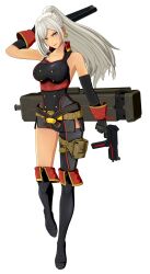Rule 34 | 1girl, absurdres, arm tattoo, belt, black thighhighs, boots, braid, breasts, elbow gloves, enami katsumi, french braid, gloves, highres, holding, holster, large breasts, lei (oneechanbara), long hair, official art, oneechanbara, reiko (oneechanbara), simple background, solo, tattoo, thigh boots, thigh holster, thighhighs, weapon, white background, white hair, yellow eyes