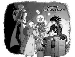 Rule 34 | 1girl, 2boys, beanie, belt, boots, box, christmas, christmas ornaments, christmas tree, closed mouth, coat, commentary request, fudo yusei, glowing, greyscale, hair between eyes, hat, jack atlas, jacket, long hair, looking at another, looking back, looking to the side, merry christmas, monochrome, multicolored hair, multiple boys, pants, pot, print shirt, rally dawson, scarf, shirt, short hair, sitting, socks, spiked hair, standing, star (symbol), streaked hair, t-shirt, torinomaruyaki, two-tone hair, yu-gi-oh!, yu-gi-oh! 5d&#039;s
