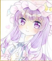 Rule 34 | 1girl, black bow, black bowtie, blush, bow, bowtie, closed mouth, collar, commentary request, crescent, crescent hat ornament, hat, hat ornament, heart, highres, kagome f, long hair, looking at viewer, mob cap, painting (medium), patchouli knowledge, purple eyes, purple hair, shikishi, smile, solo, touhou, traditional media, upper body, watercolor (medium)