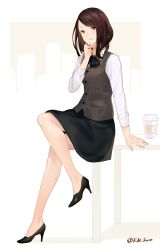 Rule 34 | 1girl, black bow, black bowtie, black footwear, black skirt, bow, bowtie, brown eyes, brown hair, coffee cup, crossed legs, cup, disposable cup, from side, grey vest, hand up, high heels, highres, km yama, long sleeves, looking at viewer, miniskirt, original, shirt, sitting, skirt, smile, solo, table, twitter username, vest, white shirt