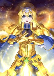 Rule 34 | 1girl, absurdres, alice zuberg, armor, armored dress, bad id, bad pixiv id, blonde hair, blue cape, blue eyes, braid, cape, commentary request, dress, floating hair, gauntlets, gloves, glowing, gold armor, hairband, highres, holding, holding sword, holding weapon, huge filesize, long hair, looking at viewer, metal, open mouth, r (ryo), ribbon, shoulder plates, solo, standing, sword, sword art online, sword art online: alicization, teeth, upper teeth only, very long hair, weapon, white hairband