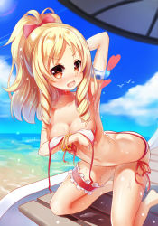 Rule 34 | 10s, 1girl, arched back, arm behind head, armpits, bikini, blonde hair, blush, bow, breasts, cleavage, cloud, collarbone, covering privates, covering breasts, day, drill hair, eromanga sensei, fang, female focus, hair bow, heart, highres, holding, kneeling, long hair, looking at viewer, medium breasts, meion, open clothes, open mouth, outdoors, red bow, red eyes, side-tie bikini bottom, sky, solo, sweat, swimsuit, thigh strap, twin drills, umbrella, untied bikini, water, yamada elf