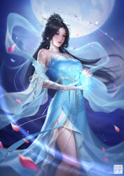 Rule 34 | 1girl, absurdres, artist request, bare legs, bare shoulders, black hair, blue dress, detached collar, detached sleeves, dress, energy, facial mark, falling petals, forehead mark, hagoromo, hair bun, hair ornament, highres, jewelry, long hair, mature female, moon, necklace, night, parted lips, petals, second-party source, shawl, solo, upper body, wanmei shijie, yue chan (wanmei shijie)