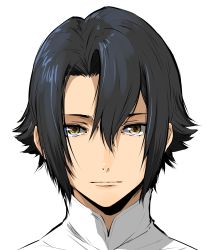 Rule 34 | 1boy, absurdres, baccano!, black hair, enami katsumi, flipped hair, hair between eyes, highres, huey laforet, looking at viewer, male focus, portrait, shirt, simple background, solo, turtleneck, white background, yellow eyes