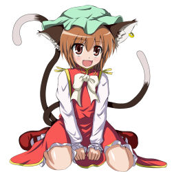 Rule 34 | 1girl, animal ears, blush, bow, bowtie, brown eyes, brown hair, cat ears, cat girl, cat tail, chen, earrings, female focus, jewelry, mary janes, multiple tails, nana stars, shoes, short hair, sitting, solo, tail, touhou, v arms, wariza