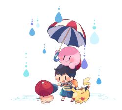 Rule 34 | 1boy, :3, backpack, bag, baseball cap, black hair, blue shirt, blue shorts, blush, closed eyes, closed mouth, commentary request, creatures (company), doseisan, full body, game freak, gen 1 pokemon, hat, hitofutarai, holding, holding clothes, holding hat, holding umbrella, kirby, kirby (series), mother (game), mother 2, multicolored clothes, ness (mother 2), nintendo, open mouth, parasol kirby, pikachu, pokemon, pokemon (creature), rain, red headwear, shirt, short hair, short sleeves, shorts, simple background, smile, socks, solid oval eyes, standing, striped clothes, striped shirt, super smash bros., t-shirt, two-tone shirt, umbrella, unworn hat, unworn headwear, water, white background, white socks, yellow shirt