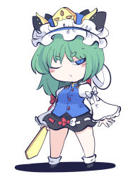 Rule 34 | 1girl, asymmetrical hair, balance scale, black footwear, black skirt, blue eyes, blue vest, chahan (fried rice0614), frilled hat, frills, full body, green hair, hat, highres, long sleeves, looking at viewer, one-hour drawing challenge, one eye closed, rod of remorse, shiki eiki, short eyebrows, simple background, skirt, socks, solo, touhou, vest, weighing scale, white background, white socks