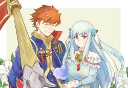 1girl armor blue_hair cape closed_eyes dress eliwood_(fire_emblem) fire_emblem fire_emblem:_the_blazing_blade fire_emblem_heroes hair_ornament highres long_hair ninian_(fire_emblem) nintendo open_mouth red_eyes red_hair short_hair smile