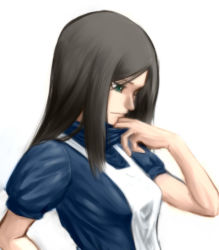 Rule 34 | 1girl, alice: madness returns, alice (alice in wonderland), alice in wonderland, alice liddell (american mcgee&#039;s alice), american mcgee&#039;s alice, apron, black hair, breasts, ceramic man, closed mouth, dress, green eyes, long hair, medium breasts, simple background, solo, white background