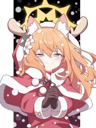 Rule 34 | 1girl, animal ear fluff, animal ears, antlers, aqua eyes, black gloves, blonde hair, blue archive, blurry, blush, buttons, capelet, cat ears, commentary, depth of field, flower, gloves, hair flower, hair ornament, halo, hanae (blue archive), hanae (christmas) (blue archive), hat, highres, horns, long hair, long sleeves, looking at viewer, mari (blue archive), mmhomm, outside border, own hands clasped, own hands together, pillarboxed, reindeer antlers, santa costume, santa hat, smile, snow, snowing, solo, solo focus, straight-on, upper body