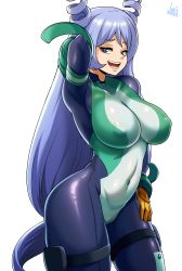Rule 34 | 1girl, absurdres, blue eyes, blue hair, bodysuit, boku no hero academia, breasts, cameltoe, cleft of venus, covered navel, curvy, hadou nejire, hand on own hip, highres, jmg, large breasts, long hair, looking at viewer, open mouth, pouch, skin tight, smile, smug, solo, standing, thick thighs, thigh pouch, thigh strap, thighs, very long hair, white background