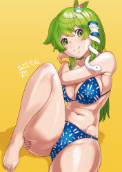 Rule 34 | 1girl, alternate costume, antenna hair, bikini, blue bikini, blush, braided sidelock, breasts, cleavage, closed mouth, commentary request, dated, fingernails, foot out of frame, frog hair ornament, green eyes, green hair, hair between eyes, hair ornament, highres, kei jiei, kochiya sanae, large breasts, long hair, looking at viewer, medium bangs, navel, sidelocks, single hair tube, smile, snake hair ornament, solo, swimsuit, toenails, touhou, wrist cuffs, yellow background