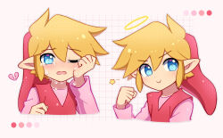 Rule 34 | 1boy, blonde hair, blue eyes, blush, broken heart, clenched hand, closed mouth, color guide, commentary, crying, crying with eyes open, english commentary, enni, hair between eyes, halo, hand up, hands up, hat, heart, highres, link, long sleeves, looking at viewer, male focus, multiple views, nintendo, one eye closed, open mouth, pink background, pink shirt, pointy ears, red headwear, red tunic, rubbing eyes, shirt, short hair, sidelocks, simple background, smile, star (symbol), tears, the legend of zelda, the legend of zelda: four swords, tunic, upper body, v-shaped eyebrows, wiping tears