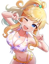 Rule 34 | 1girl, absurdres, bare shoulders, bikini, blonde hair, blue eyes, blurry, breasts, cleavage, depth of field, double v, floral print, frilled bikini, frills, from above, front-tie bikini top, front-tie top, halterneck, hands up, highres, idolmaster, idolmaster cinderella girls, idolmaster cinderella girls starlight stage, jewelry, long hair, looking at viewer, medium breasts, navel, necklace, ohtsuki yui, one eye closed, open mouth, ponytail, sakura ran, sidelocks, simple background, smile, solo, standing, stomach, swept bangs, swimsuit, v, wavy hair