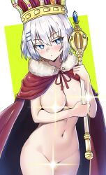 Rule 34 | 1girl, absurdres, blue eyes, blush, breasts, censored, cloak, closed mouth, cowboy shot, crown, date a live, ebora, hair between eyes, hat, highres, holding, medium breasts, naked cloak, navel, novelty censor, nude, red cloak, short hair, solo, sparkle, standing, tobiichi origami, white hair