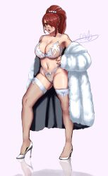Rule 34 | 1girl, absurdres, alternate hairstyle, arm at side, bow, bow bra, bow legwear, bow panties, bra, breasts, brown eyes, cleavage, coat, commentary, curvy, earrings, english commentary, eyeshadow, fingernails, full body, fur coat, hair bobbles, hair ornament, hair over one eye, hand on own hip, high heels, high ponytail, highres, jewelry, kirijou mitsuru, large breasts, lingerie, lipstick, long hair, long legs, looking at viewer, makeup, mobi mobi, navel, off shoulder, panties, persona, persona 3, pink background, pinup (style), red eyeshadow, red hair, red lips, red nails, reflection, reflective floor, see-through, see-through legwear, see-through panties, signature, sleeves past wrists, solo, stiletto heels, strap gap, thick thighs, thighhighs, thighs, underwear, underwear only, white bra, white footwear, white panties