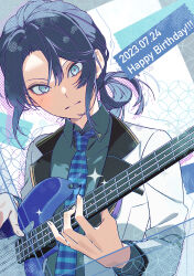Rule 34 | 1boy, absurdres, aqua eyes, bass guitar, blue necktie, collared shirt, commentary request, dated, frown, green shirt, guitar, hair up, happy birthday, highres, holding, holding guitar, holding instrument, instrument, jacket, looking down, male focus, music, nagao kei, necktie, nijisanji, plaid necktie, playing instrument, ponytail, purple hair, ryou (rl), shirt, solo, upper body, virtual youtuber, white jacket