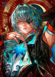 1boy anaxa_(honkai:_star_rail) aqua_eyes aqua_gemstone aqua_hair arm_behind_head armpits ascot black_jacket black_shirt crystal_earrings earrings elbow_gloves eyepatch gloves gold_trim hand_tattoo hands_up highres honkai:_star_rail honkai_(series) jacket jewelry looking_at_viewer low_ponytail male_focus multiple_rings pink_eyes ponytail red_tattoo ring shirt sleeveless sleeveless_shirt solo tattoo two-tone_eyes white_ascot yuuefa