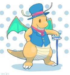 Rule 34 | artist name, brown eyes, claws, creatures (company), dragon, dragon tail, dragon wings, dragonite, dratini, full body, game freak, gen 1 pokemon, hand on own hip, hat, looking at viewer, nintendo, pokemon, pokemon (creature), simple background, standing, tail, wand, wings