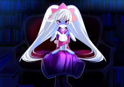 Rule 34 | 1girl, ashley (warioware), big hair, black pantyhose, blush, book, book stack, bookshelf, closed mouth, collarbone, couch, dress, hairband, indoors, lamp, long hair, long sleeves, looking at viewer, maritchi, night, nintendo, hugging object, orange hairband, pantyhose, purple eyes, red dress, shaded face, shoes, sitting, solo, stuffed animal, stuffed rabbit, stuffed toy, twintails, very long hair, warioware, white hair, wide sleeves