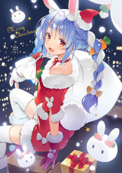 Rule 34 | 1girl, alternate costume, animal ear fluff, animal ears, ass, blue hair, blush, boots, box, braid, breasts, carrot, carrot hair ornament, carrying over shoulder, chimney, christmas, commentary, dress, english text, food-themed hair ornament, full body, fur-trimmed boots, fur-trimmed dress, fur-trimmed gloves, fur trim, gift, gift bag, gift box, gloves, hair ornament, hair ribbon, hat, highres, hololive, light blue hair, long hair, looking at viewer, merry christmas, multicolored hair, neck ribbon, night, off-shoulder dress, off shoulder, open mouth, outdoors, pekomon (usada pekora), pom pom (clothes), rabbit-shaped pupils, rabbit ears, rabbit girl, rabbit tail, red dress, red eyes, red footwear, red gloves, red hat, red ribbon, ribbon, santa costume, santa dress, santa hat, sitting, small breasts, smile, solo, symbol-only commentary, symbol-shaped pupils, tail, thick eyebrows, thighhighs, thighs, tress ribbon, twin braids, twintails, two-tone hair, usada pekora, virtual youtuber, white hair, white thighhighs, yuuki hagure, zettai ryouiki