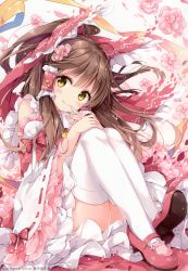 Rule 34 | 1girl, absurdres, bare shoulders, blush, bow, brown eyes, brown hair, closed mouth, detached sleeves, fingernails, flower, full body, hair bow, hair flower, hair ornament, hair tubes, hakurei reimu, highres, legs together, long hair, looking at viewer, mochizuki shiina, petals, red footwear, scan, shoes, simple background, sitting, smile, solo, thighhighs, touhou, white thighhighs, wide sleeves