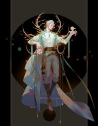 Rule 34 | belt, black background, blonde hair, bridal legwear, brown hair, cape, colored tips, commentary request, earrings, english text, floating, frown, full body, gradient cape, green hair, grey cape, grey pants, highres, jewelry, jupiter (planet), lian yao, long sleeves, looking away, looking to the side, multicolored cape, multicolored clothes, multicolored hair, orb, original, outstretched arms, pants, personification, pillarboxed, planet, ribbon, sash, shawl, shin guards, shirt, short hair, silver hair, solo, spine, streaked hair, white shirt