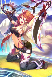 Rule 34 | 10s, 1girl, :d, akisa yositake, arms up, breasts, brown eyes, brown hair, chain chronicle, gloves, kneeling, long hair, midriff, open mouth, smile, solo, sword, thighhighs, weapon