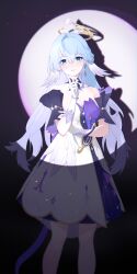 Rule 34 | 1girl, absurdres, aqua eyes, blue hair, blush, bracelet, breasts, cleavage, collarbone, cowboy shot, dark background, detached sleeves, dress, earrings, feather boa, finger to own chin, gloves, gradient hair, halo, halo behind head, hand on own arm, hand up, head wings, highres, honey boba, honkai: star rail, honkai (series), jewel under eye, jewelry, light blue hair, light particles, looking at viewer, medium breasts, multicolored hair, nose blush, open mouth, parted lips, pearl bracelet, purple hair, purple sleeves, robin (honkai: star rail), shadow, single earring, solo, spotlight, strapless, strapless dress, white dress, white gloves, white wings, wings