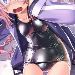 Rule 34 | 1girl, blush, braid, close-up, freckles, glasses, hair ornament, highres, jacket, long hair, one-piece swimsuit, open clothes, open jacket, open mouth, original, outstretched arms, sakuya tsuitachi, school swimsuit, shiny clothes, skindentation, solo, swimsuit, track jacket, wet, wet clothes