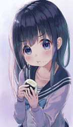 Rule 34 | 1girl, :t, black hair, black sailor collar, blue bow, blush, bow, closed mouth, collarbone, commentary request, diagonal stripes, eating, food, food on face, gradient background, highres, holding, holding food, jacket, long hair, mimikaki (men bow), onigiri, open clothes, open jacket, original, purple background, purple eyes, purple jacket, rice, rice on face, sailor collar, school uniform, serafuku, shirt, solo, striped, striped bow, upper body, white shirt