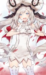 Rule 34 | 1girl, :d, blue eyes, boots, cowboy shot, detached sleeves, dress, fate/grand order, fate (series), floating hair, gloves, hat, heart, heart hands, highres, long hair, looking at viewer, marie antoinette (fate), marie antoinette (third ascension) (fate), open mouth, perri (mnemosine), short dress, silver hair, sleeveless, sleeveless dress, smile, solo, standing, thigh boots, thighhighs, twintails, very long hair, white dress, white footwear, white gloves, white hat