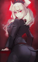 Rule 34 | 1girl, ass, black suit, black tail, blunt bangs, breasts, business suit, clothing cutout, commentary, demon girl, demon horns, demon tail, english commentary, formal, from behind, gray bear, hairband, helltaker, highres, horns, large breasts, long hair, looking back, lucifer (helltaker), mole, mole under eye, pale skin, pantylines, red eyes, red shirt, shirt, solo, spiked hairband, spikes, standing, suit, tail, tail through clothes, white hair, white horns
