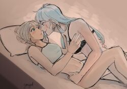 Rule 34 | 2girls, artist name, azura cecillia, black bra, blue hair, bra, breasts, commentary, english commentary, facial tattoo, grabbing, grabbing another&#039;s breast, grey hair, hair behind ear, hand on another&#039;s back, hand on another&#039;s waist, juno (junisgud), long hair, looking down, medium breasts, miyu ottavia, multicolored hair, multiple girls, navel, nijisanji, nijisanji id, parted lips, pillow, pink hair, purple hair, short hair, sketch, streaked hair, tattoo, underwear, underwear only, virtual youtuber, yuri