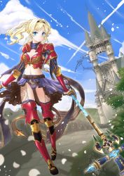 Rule 34 | 10s, 1girl, armor, belt, bikini armor, black panties, blonde hair, blue eyes, boots, braid, breasts, castle, cleavage cutout, clothing cutout, cloud, day, fantasy, full body, granblue fantasy, hairband, holding, looking at viewer, medium breasts, midriff, monikon13, navel, panties, pauldrons, polearm, ponytail, red armor, shoulder armor, sky, smile, solo, spear, thigh boots, thighhighs, underwear, weapon, zeta (granblue fantasy)