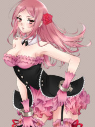 Rule 34 | 00s, 1girl, bad id, bad pixiv id, bare shoulders, breasts, charlotte (pandora hearts), cleavage, collar, female focus, flower, garter straps, gloves, hair flower, hair ornament, kiniro yasha, large breasts, long hair, pandora hearts, pink eyes, pink hair, solo, thighhighs
