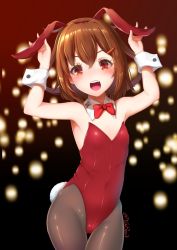 Rule 34 | 1girl, alternate costume, animal ears, armpits, arms up, backlighting, bare shoulders, blurry, blurry background, blush, bow, bowtie, brown hair, cowboy shot, detached collar, eyelashes, fake animal ears, fake tail, flat chest, gradient background, hair ornament, hairclip, head tilt, ikazuchi (kancolle), kantai collection, leotard, looking at viewer, pantyhose, playboy bunny, rabbit ears, rabbit tail, red bow, red bowtie, red eyes, red leotard, round teeth, shiny clothes, short hair, solo, standing, tail, tareme, teeth, thigh gap, twitter username, upper teeth only, wrist cuffs, yaosera