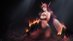 Rule 34 | 1girl, black wings, breasts, burning, burning hair, circlet, cleavage, fire, highres, instant ip, large breasts, league of legends, lips, long hair, morgana (league of legends), pointy ears, purple hair, red eyes, revision, seiza, sitting, solo, wings
