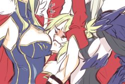 Rule 34 | 3girls, armor, artoria pendragon (fate), artoria pendragon (lancer) (fate), artoria pendragon (lancer alter) (fate), bandeau, between breasts, blonde hair, braid, breasts, cape, cleavage, fate/apocrypha, fate/grand order, fate (series), flat color, french braid, fur-trimmed cape, fur trim, gauntlets, girl sandwich, gold trim, hair ornament, hair scrunchie, large breasts, mordred (fate), mordred (fate/apocrypha), multiple girls, pauldrons, ponytail, red cape, red scrunchie, sandwiched, scrunchie, shoulder armor, sideboob, sidelocks, takatsuki nato, underboob