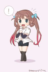 Rule 34 | &gt;:o, 10s, 1girl, :o, arm warmers, asagumo (kancolle), bike shorts, blue eyes, brown hair, chibi, gradient hair, hair ribbon, highres, kantai collection, mae (maesanpicture), multicolored hair, navel, open clothes, open shirt, ribbon, shirt, simple background, solo, thighhighs, twitter username, v-shaped eyebrows