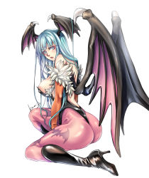 Rule 34 | 1girl, animal print, aqua eyes, aqua hair, ass, backless outfit, bare shoulders, bat print, bat wings, black footwear, black leotard, boots, breasts, bridal gauntlets, commentary, feather trim, from behind, head wings, high heel boots, high heels, highres, kamijororo, large breasts, leotard, long hair, looking at viewer, looking back, morrigan aensland, open mouth, pantyhose, print pantyhose, purple pantyhose, signature, simple background, solo, vampire (game), white background, wings