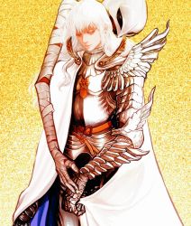 Rule 34 | 1boy, androgynous, armor, bandaged arm, bandages, berserk, blue eyes, cape, closed mouth, dual persona, griffith (berserk), helmet, long hair, male focus, nisino2222, shoulder armor, standing, wavy hair, white cape, white hair