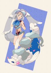 Rule 34 | 1girl, ball, beachball, blue background, blue eyes, colored eyelashes, colored skin, commentary request, creatures (company), full body, game freak, gen 7 pokemon, grey hair, hair between eyes, hatsune miku, highres, long hair, midriff, nintendo, poke ball, pokemon, pokemon (creature), primarina, project voltage, sea lion, twintails, two-tone background, very long hair, vocaloid, water miku (project voltage), white background, white skin, zozozoshion