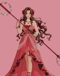 Rule 34 | 1girl, aerith gainsborough, bracelet, brown hair, dress, earrings, final fantasy, final fantasy vii, final fantasy vii remake, flower earrings, green eyes, hair ribbon, highres, holding, holding staff, jewelry, lipstick, long hair, makeup, necklace, pink background, red dress, ribbon, simple background, sleeveless, sleeveless dress, softp3ach, solo, staff, standing, very long hair