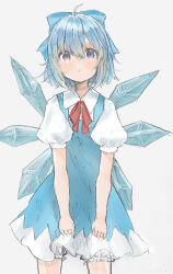 Rule 34 | 1girl, bloomers, blue eyes, blue hair, blush, bow, cirno, collared dress, cowboy shot, dress, hair bow, highres, ice, ice wings, looking at viewer, neck ribbon, pinafore dress, ribbon, short hair, short sleeves, skirt hold, sleeveless, sleeveless dress, suiren nei, touhou, underwear, white background, wings