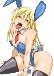 Rule 34 | 1girl, arc system works, blazblue, blonde hair, blush, breasts, green eyes, legs, leotard, long hair, naughty face, nipples, noel vermillion, open mouth, oral invitation, rabbit ears, sexually suggestive, sitting, small breasts, solo, thick thighs, thighhighs, thighs, tongue, wardrobe malfunction