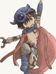 Rule 34 | 1boy, android, armpits, black hair, bus0523, cape, collar, commentary request, damaged, facial mark, facial tattoo, fake horns, full body, green shorts, hair between eyes, helmet, horned helmet, horns, looking at viewer, made in abyss, male focus, mechanical arms, mechanical legs, metal collar, multicolored clothes, multicolored shorts, navel, nipples, open mouth, pants, prosthesis, prosthetic hand, purple shorts, red cape, regu (made in abyss), robot, shorts, simple background, slit pupils, solo, spoilers, stretched limb, tattoo, topless male, two-tone pants, white background, yellow eyes