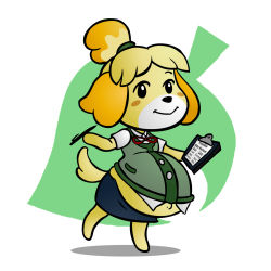 Rule 34 | 1girl, :&gt;, animal ears, belly, black eyes, blonde hair, blush, blush stickers, bow, bowtie, clipboard, collared shirt, dog ears, dog tail, animal crossing, furry, happy, highres, ilikapie, looking at viewer, navel, nintendo, no humans, no shoes, outie navel, pen, ponytail, pregnant, shirt, isabelle (animal crossing), simple background, skirt, smile, string tie, sweater vest, tail, undershirt