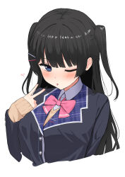 Rule 34 | 1girl, :p, absurdres, arm at side, black hair, black jacket, black nails, blazer, blue eyes, blush, bow, bowtie, braid, closed mouth, collared shirt, cropped torso, french braid, highres, iri 1031, jacket, long bangs, long hair, looking at viewer, nail polish, nijisanji, one eye closed, pink bow, pink bowtie, school uniform, shirt, sidelocks, simple background, smile, solo, tongue, tongue out, tsukino mito, two side up, v, virtual youtuber, white background, white shirt
